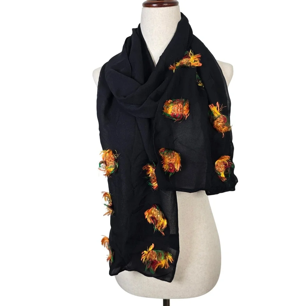 Chico's 100% Silk Black Scarf Fringed Pom Pom Sequin Beaded Wrap Art to Wear